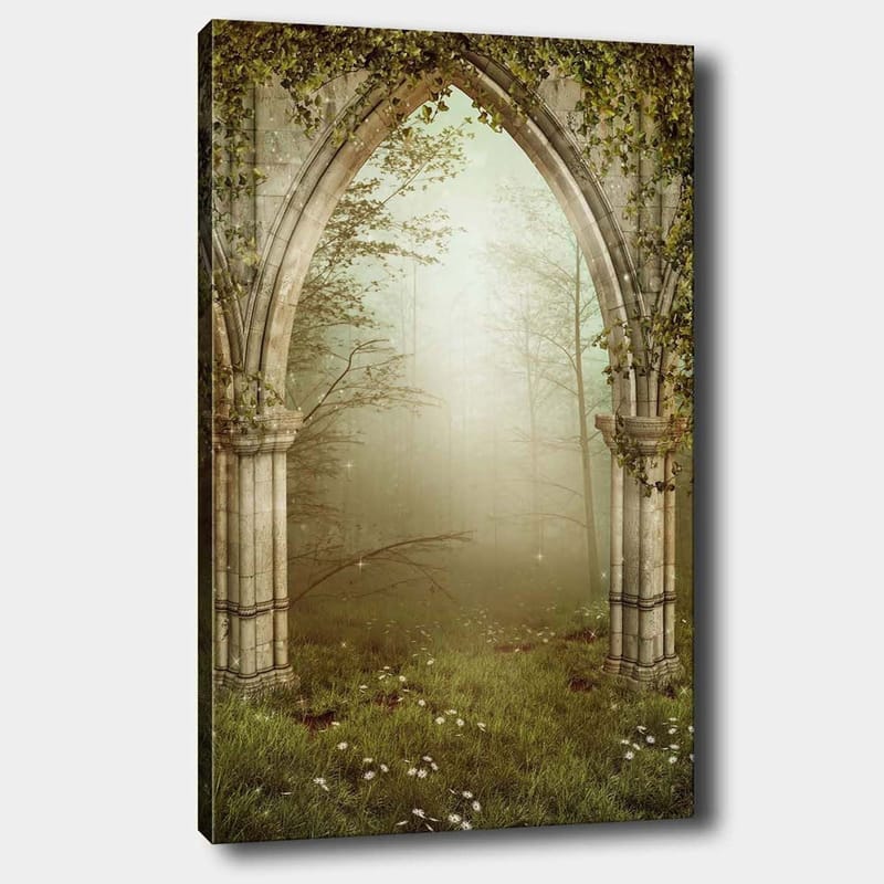 Canvas taulu 70x100 cm - Goottilainen portaali, jota ympäröi vehreys ja sumu salaperäisessä metsäympäristössä - Harmaa / Vihreä / Beige - Sisustustuotteet - Taulu & taide - Canvas-taulu