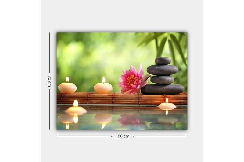 Canvas taulu 70x100 cm - Harmoninen kivien, lootuskukan ja kynttilöiden yhdistelmä, joka luo rauhallisen ja rentouttavan tunnelman. - Vaaleanpunainen / Musta / Beige - Sisustustuotteet - Taulu & taide - Canvas-taulu