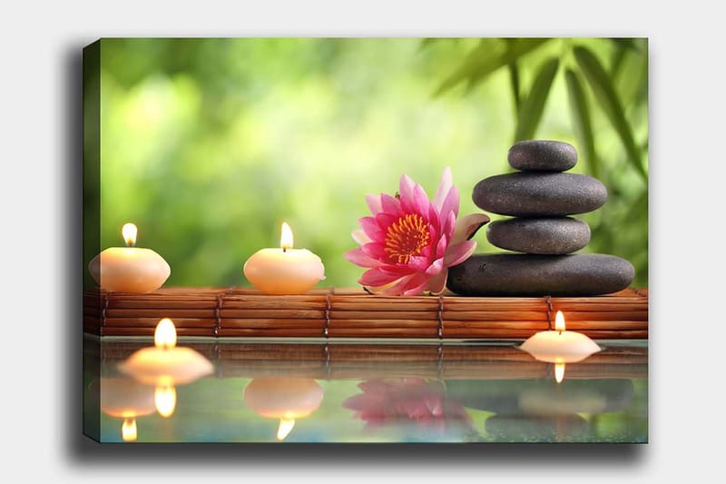 Canvas taulu 70x100 cm - Harmoninen kivien, lootuskukan ja kynttilöiden yhdistelmä, joka luo rauhallisen ja rentouttavan tunnelman., Vaaleanpunainen / Musta / Beige