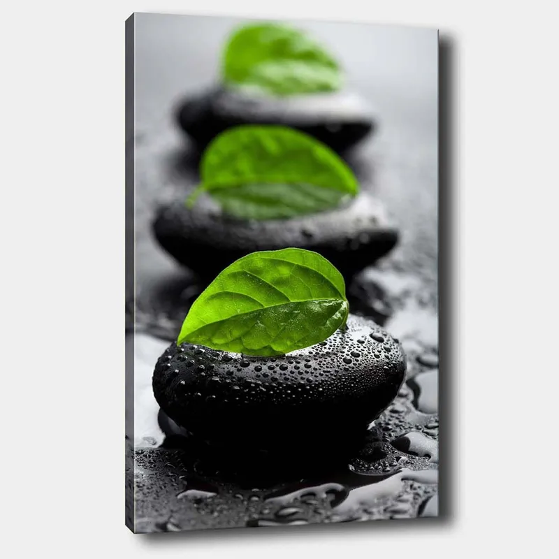 Canvas taulu 70x100 cm - Harmoninen mustien kivien ja vihreiden lehtien sommittelu, joka symboloi rauhaa ja tasapainoa - Musta / Vihreä - Sisustustuotteet - Taulu & taide - Canvas-taulu