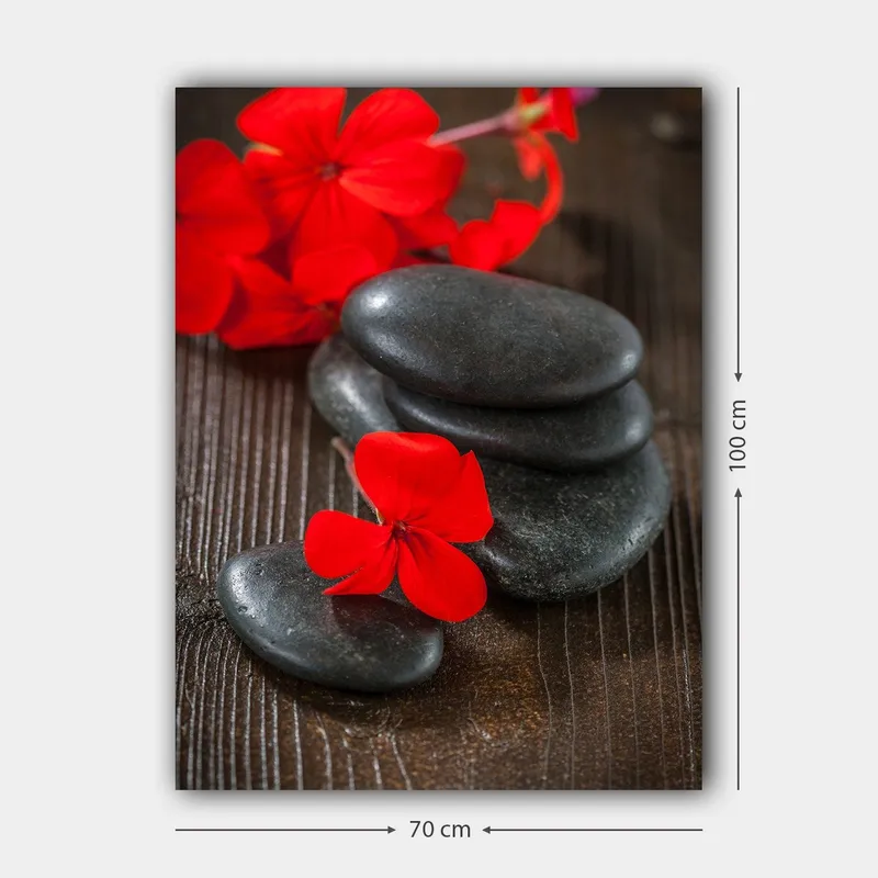 Canvas taulu 70x100 cm - Harmoninen mustien kivien ja punaisten kukkien yhdistelmä, joka luo kontrastin ja rauhallisen tunnelman - Punainen / Musta - Sisustustuotteet - Taulu & taide - Canvas-taulu
