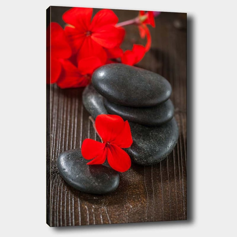 Canvas taulu 70x100 cm - Harmoninen mustien kivien ja punaisten kukkien yhdistelmä, joka luo kontrastin ja rauhallisen tunnelman, Punainen / Musta