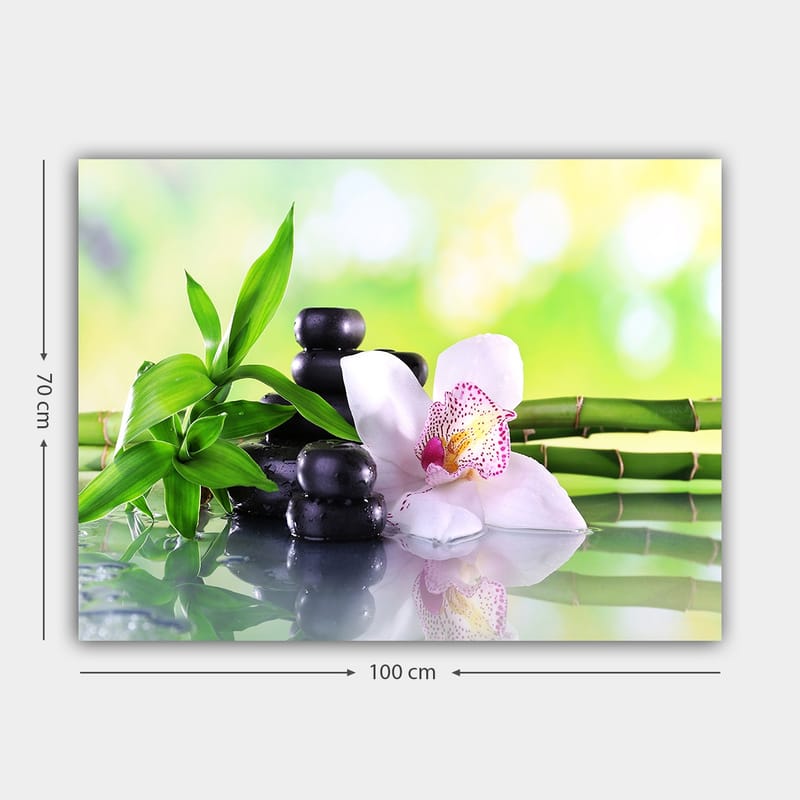 Canvas taulu 70x100 cm - Harmoninen sommitelma mustilla kivillä, valkoisella orkidealla ja vihreillä bambunversoilla - Musta / Vihreä / Valkoinen - Sisustustuotteet - Taulu & taide - Canvas-taulu