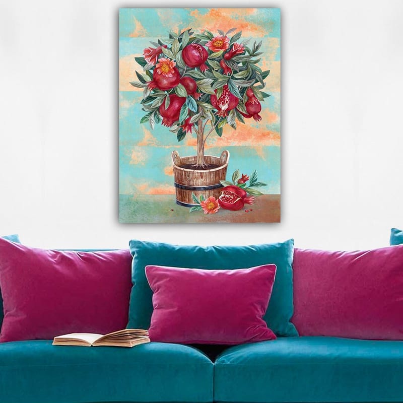 Canvas taulu 70x100 cm - Hedelmäpuu granaattiomenien ja kukkien kanssa puuruukussa - Punainen / Vihreä / Ruskea - Sisustustuotteet - Taulu & taide - Canvas-taulu