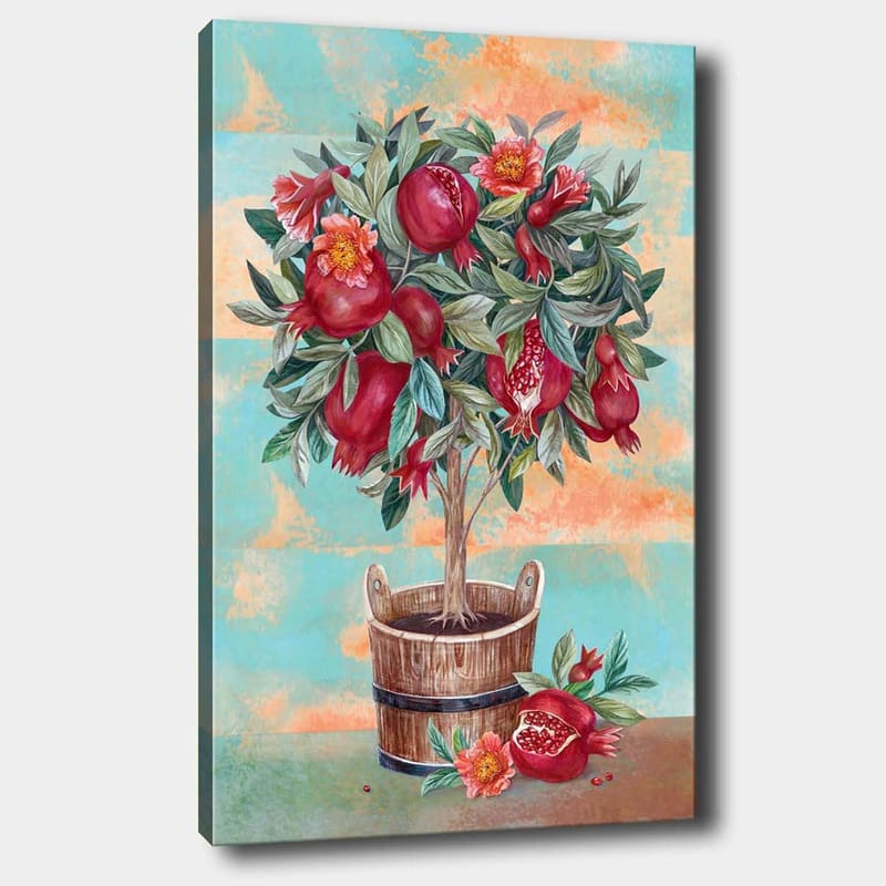 Canvas taulu 70x100 cm - Hedelmäpuu granaattiomenien ja kukkien kanssa puuruukussa, Punainen / Vihreä / Ruskea