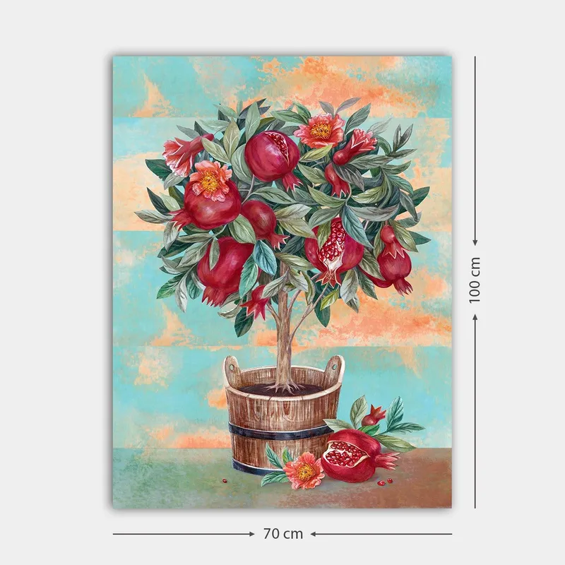 Canvas taulu 70x100 cm - Hedelmäpuu granaattiomenien ja kukkien kanssa puuruukussa - Punainen / Vihreä / Ruskea - Sisustustuotteet - Taulu & taide - Canvas-taulu