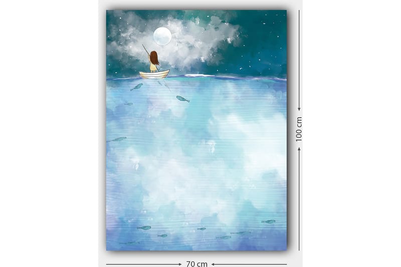 Canvas taulu 70x100 cm - Henkilö istuu veneessä tähtitaivaan keskellä suuren kuun loisteessa - Tummansininen / Vaaleansininen / Valkoinen - Sisustustuotteet - Taulu & taide - Canvas-taulu