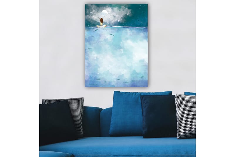 Canvas taulu 70x100 cm - Henkilö istuu veneessä tähtitaivaan keskellä suuren kuun loisteessa - Tummansininen / Vaaleansininen / Valkoinen - Sisustustuotteet - Taulu & taide - Canvas-taulu
