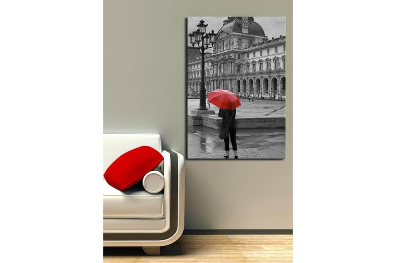 Canvas taulu 70x100 cm - Henkilö seisoo punaisen sateenvarjon kanssa sateisessa kaupunkiympäristössä historiallisen rakennuksen edessä - Punainen / Musta - Sisustustuotteet - Taulu & taide - Canvas-taulu