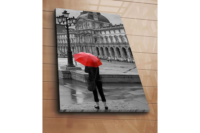 Canvas taulu 70x100 cm - Henkilö seisoo punaisen sateenvarjon kanssa sateisessa kaupunkiympäristössä historiallisen rakennuksen edessä - Punainen / Musta - Sisustustuotteet - Taulu & taide - Canvas-taulu