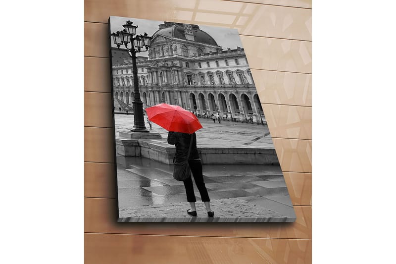 Canvas taulu 70x100 cm - Henkilö seisoo punaisen sateenvarjon kanssa sateisessa kaupunkiympäristössä historiallisen rakennuksen edessä - Punainen / Musta - Sisustustuotteet - Taulu & taide - Canvas-taulu