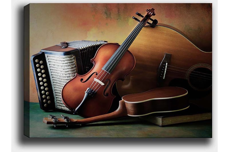 Canvas taulu 70x100 cm - Hiljainen kokoonpano soittimia, kuten viulu, kitara ja harmonikka - Ruskea / Beige / Tummanvihreä - Sisustustuotteet - Taulu & taide - Canvas-taulu
