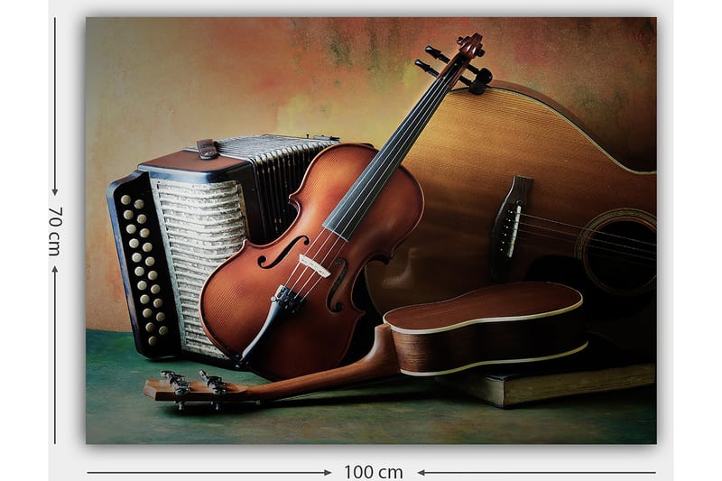 Canvas taulu 70x100 cm - Hiljainen kokoonpano soittimia, kuten viulu, kitara ja harmonikka - Ruskea / Beige / Tummanvihreä - Sisustustuotteet - Taulu & taide - Canvas-taulu