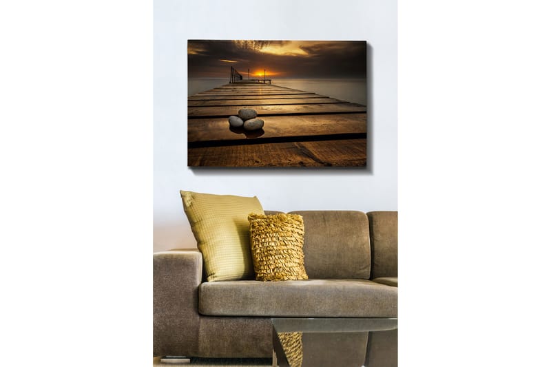 Canvas taulu 70x100 cm - Hiljainen laituri auringonlaskussa, etualalla kivi ä - Kulta / Ruskea / Harmaa - Sisustustuotteet - Taulu & taide - Canvas-taulu