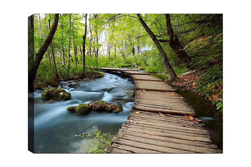 Canvas taulu 70x100 cm - Hiljainen metsäpolku mutkittelee solinaavan puron yli rehevien puiden ja kasvillisuuden ympäröimänä, Vihreä / Ruskea / Sininen