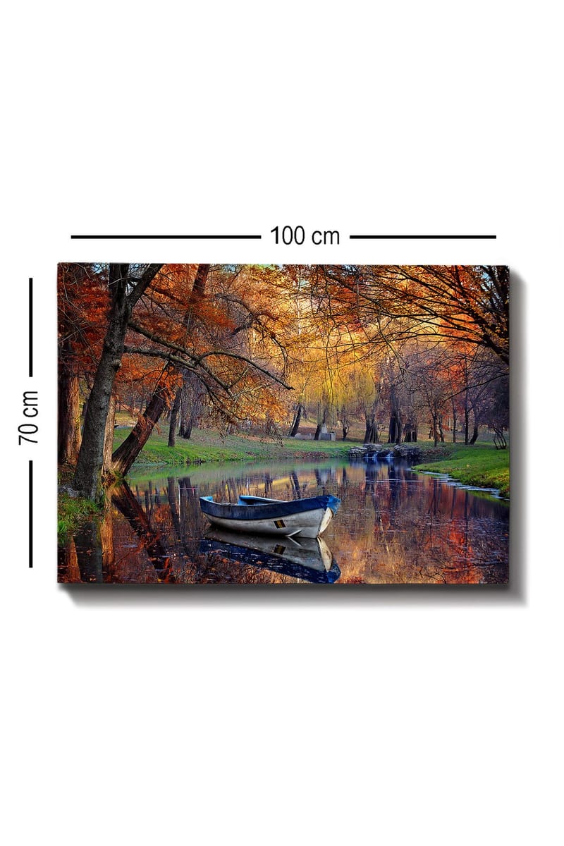 Canvas taulu 70x100 cm - Hiljainen vene peilimäisellä järvellä syksyn väreissä - Oranssi / Sininen / Vihreä - Sisustustuotteet - Taulu & taide - Canvas-taulu