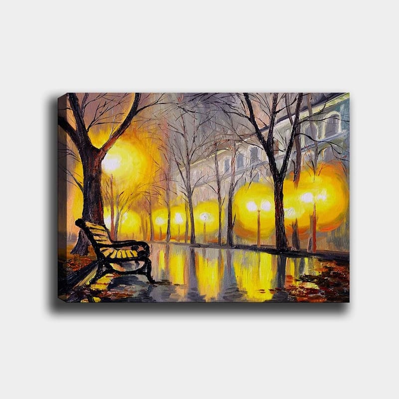 Canvas taulu 70x100 cm - Hiljainen puisto ja penkki katulamppujen keltaisessa valossa, Keltainen / Ruskea / Harmaa