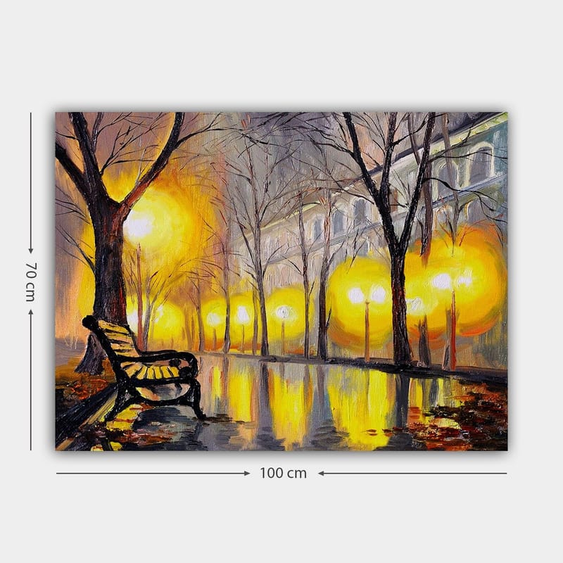 Canvas taulu 70x100 cm - Hiljainen puisto ja penkki katulamppujen keltaisessa valossa - Keltainen / Ruskea / Harmaa - Sisustustuotteet - Taulu & taide - Canvas-taulu