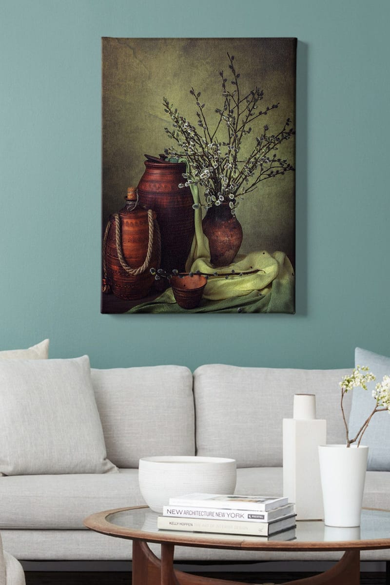 Canvas taulu 70x100 cm - Hiljaisuus, keramiikkaa ja oksia harmonisessa sommitelmassa - Tummanruskea / Vaaleanvihreä / Oliivinvihreä - Sisustustuotteet - Taulu & taide - Canvas-taulu