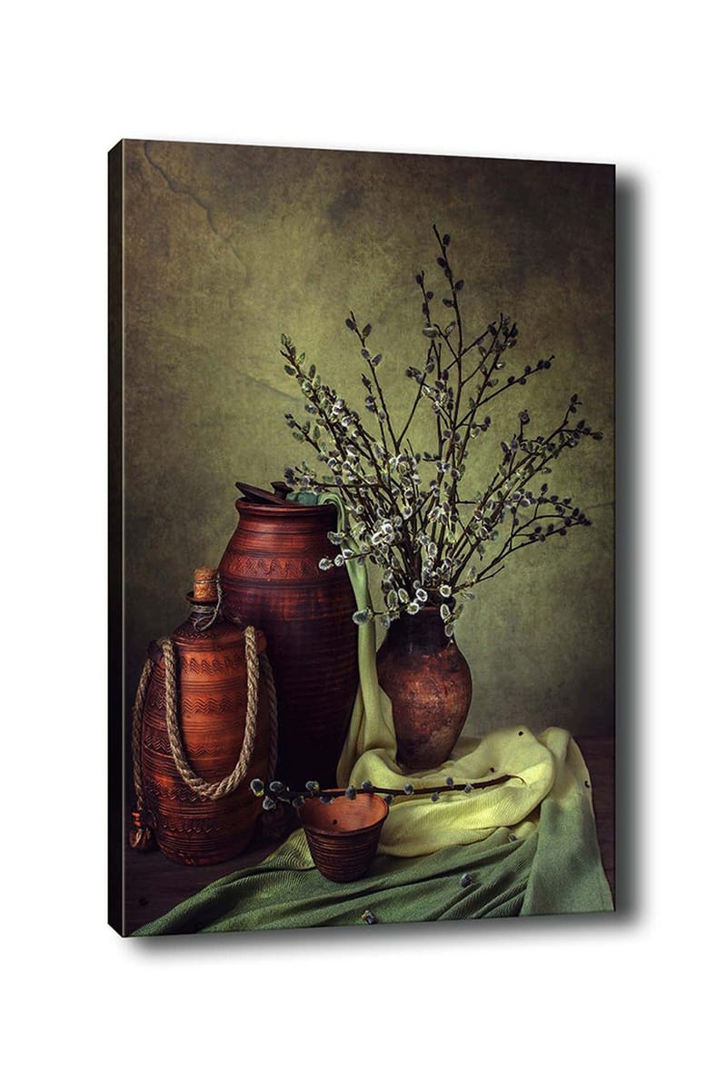 Canvas taulu 70x100 cm - Hiljaisuus, keramiikkaa ja oksia harmonisessa sommitelmassa, Tummanruskea / Vaaleanvihreä / Oliivinvihreä
