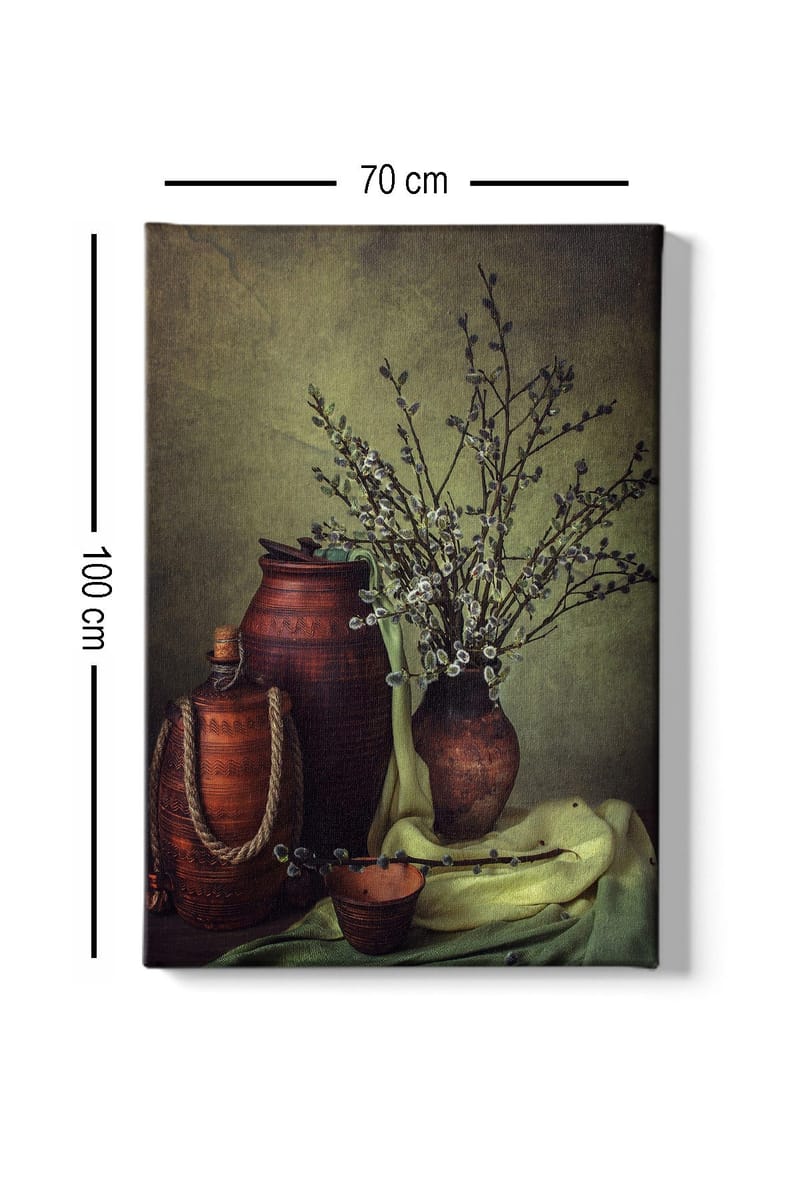 Canvas taulu 70x100 cm - Hiljaisuus, keramiikkaa ja oksia harmonisessa sommitelmassa - Tummanruskea / Vaaleanvihreä / Oliivinvihreä - Sisustustuotteet - Taulu & taide - Canvas-taulu