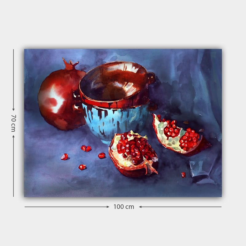 Canvas taulu 70x100 cm - Hiljaisuus granaattiomenien ja sinisen kulhon kera - Punainen / Sininen / Ruskea - Sisustustuotteet - Taulu & taide - Canvas-taulu