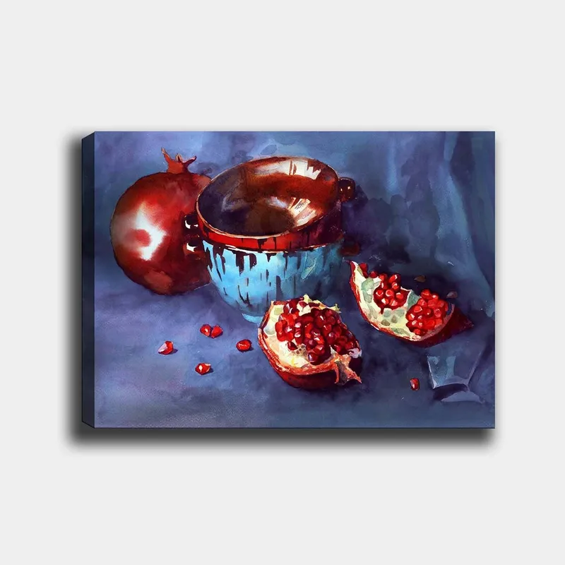 Canvas taulu 70x100 cm - Hiljaisuus granaattiomenien ja sinisen kulhon kera, Punainen / Sininen / Ruskea