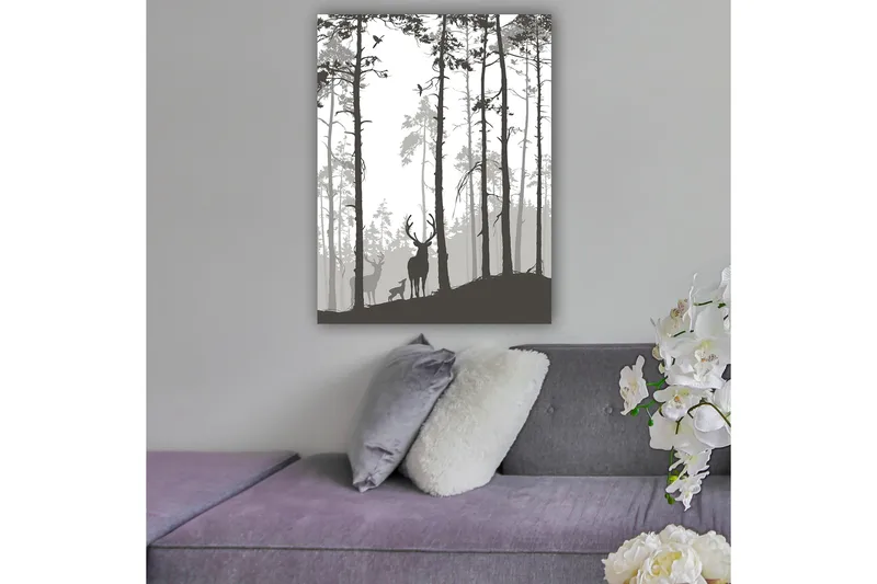 Canvas taulu 70x100 cm - Hirvien siluetit metsäympäristössä, Musta / Harmaa / Valkoinen