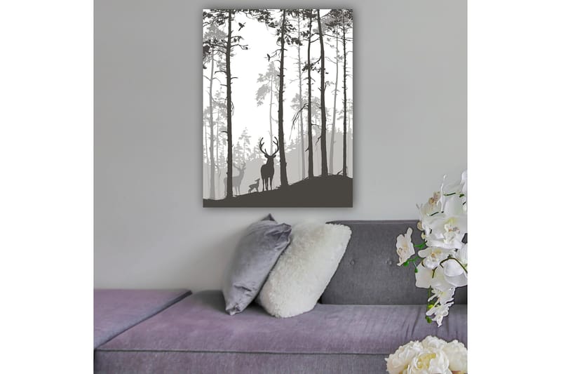 Canvas taulu 70x100 cm - Hirvien siluetit metsäympäristössä, Musta / Harmaa / Valkoinen