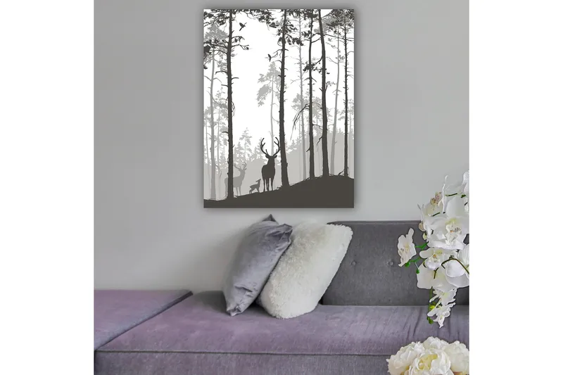 Canvas taulu 70x100 cm - Hirvien siluetit metsäympäristössä, Musta / Harmaa / Valkoinen