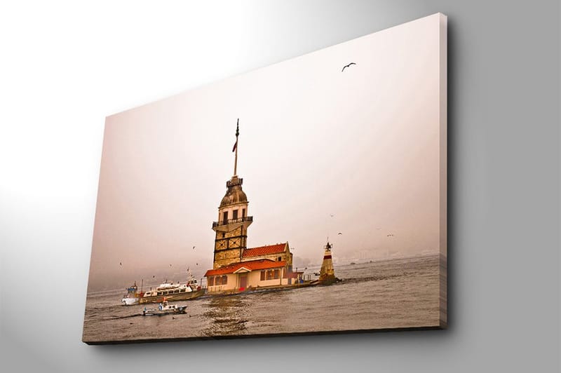 Canvas taulu 70x100 cm - Historiallinen majakka kohoaa veden ylle sumuisessa tunnelmassa - Beige / Oranssi / Ruskea - Sisustustuotteet - Taulu & taide - Canvas-taulu