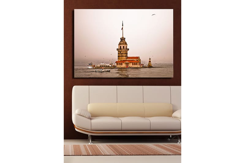 Canvas taulu 70x100 cm - Historiallinen majakka kohoaa veden ylle sumuisessa tunnelmassa - Beige / Oranssi / Ruskea - Sisustustuotteet - Taulu & taide - Canvas-taulu