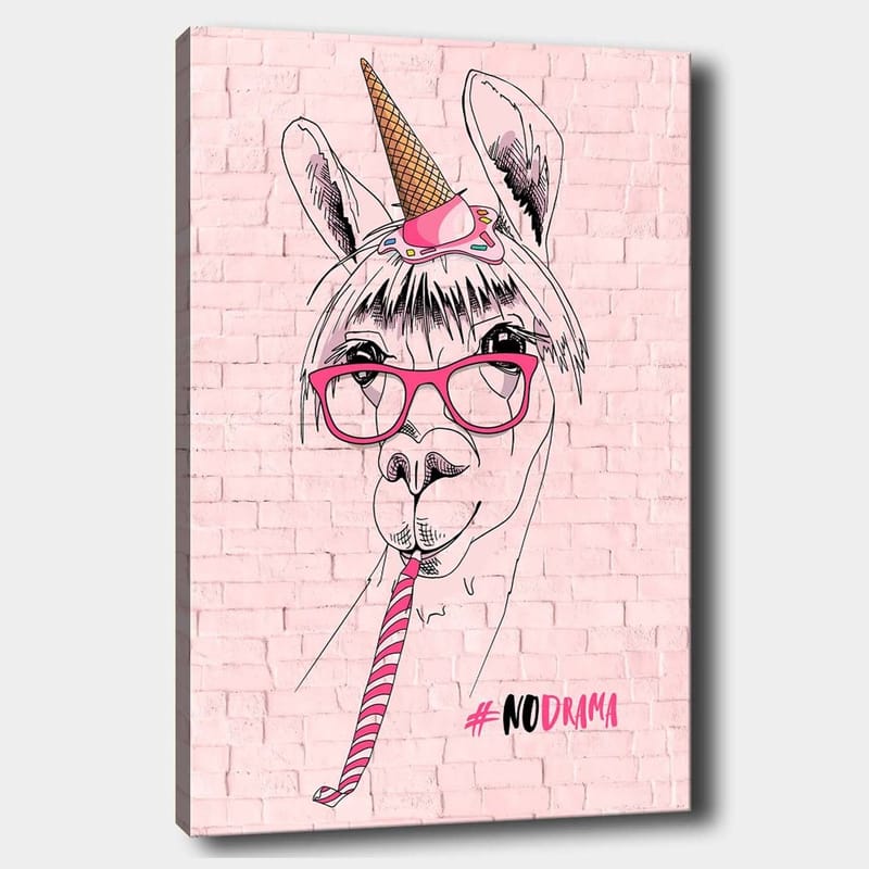 Canvas taulu 70x100 cm - Humoristinen kuva laamasta, jolla on silmälasit ja yksisarvisen hattu, Vaaleanpunainen / Musta / Valkoinen