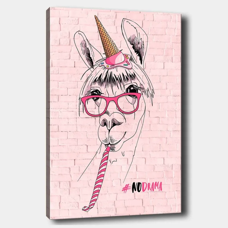 Canvas taulu 70x100 cm - Humoristinen kuva laamasta, jolla on silmälasit ja yksisarvisen hattu, Vaaleanpunainen / Musta / Valkoinen