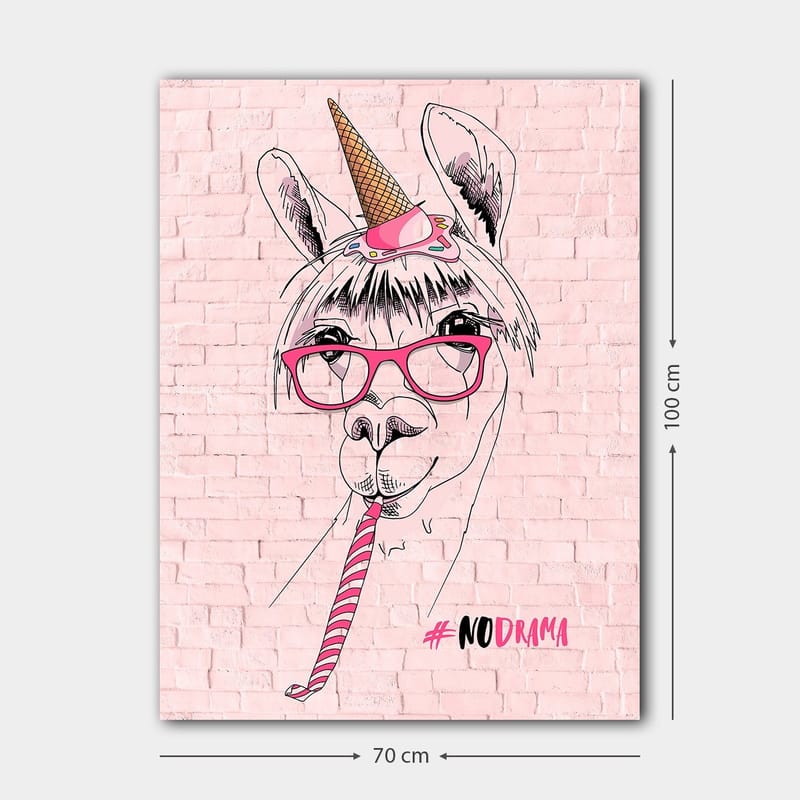 Canvas taulu 70x100 cm - Humoristinen kuva laamasta, jolla on silmälasit ja yksisarvisen hattu - Vaaleanpunainen / Musta / Valkoinen - Sisustustuotteet - Taulu & taide - Canvas-taulu