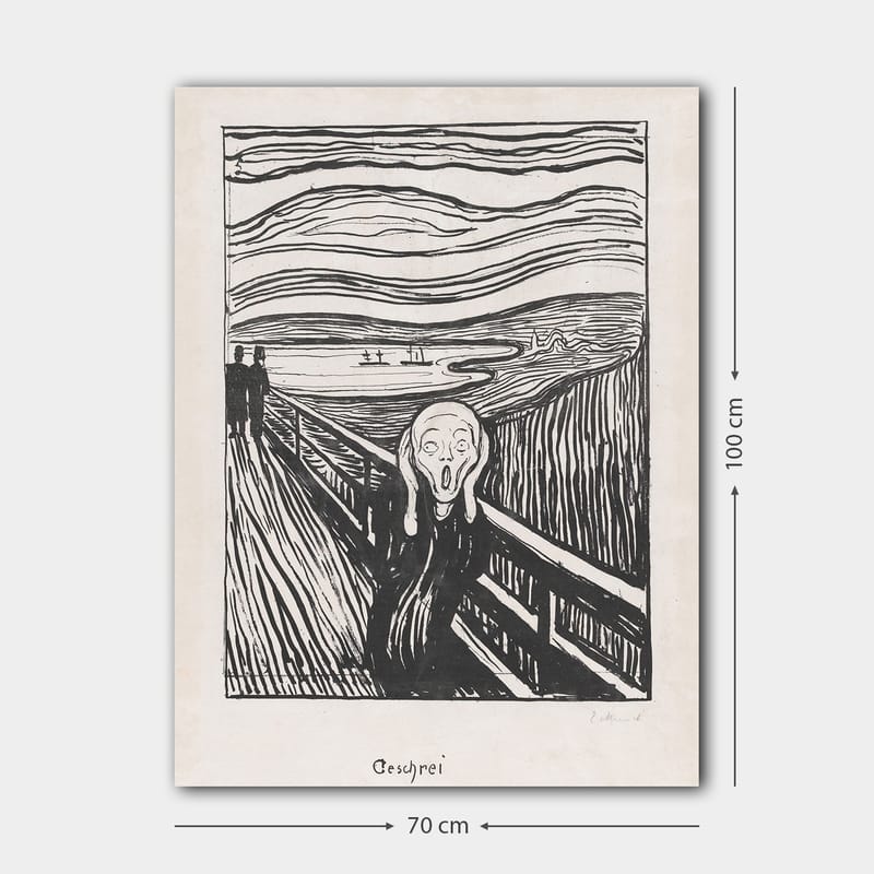 Canvas taulu 70x100 cm - Huutava hahmo seisoo sillalla dramaattisella taustalla pyörteileviä viivoja ja tummaa taivasta - Musta / Valkoinen / Harmaa - Sisustustuotteet - Taulu & taide - Canvas-taulu