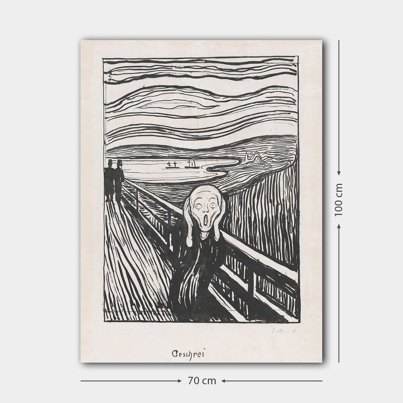 Canvas taulu 70x100 cm - Huutava hahmo seisoo sillalla dramaattisella taustalla pyörteileviä viivoja ja tummaa taivasta - Musta / Valkoinen / Harmaa - Sisustustuotteet - Taulu & taide - Canvas-taulu