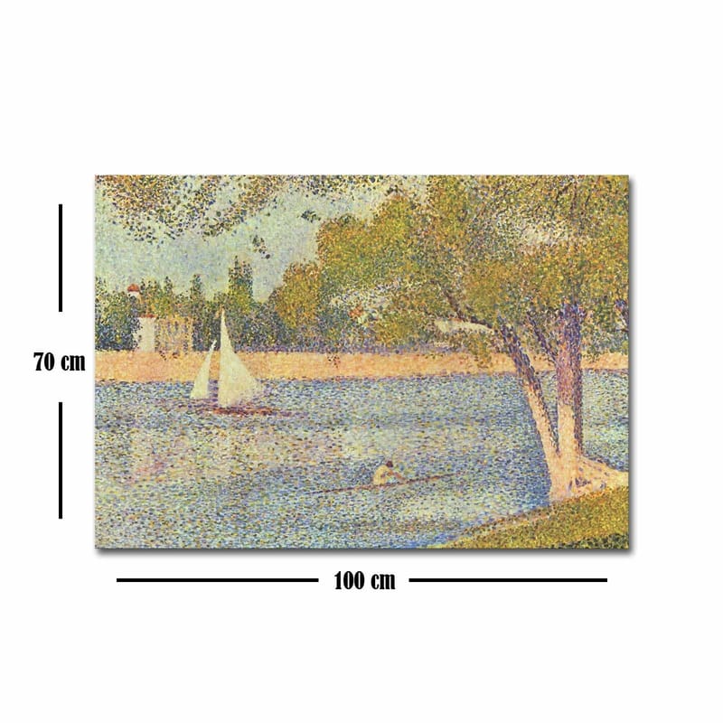 Canvas taulu 70x100 cm - Idyllinen järvimaisema purjeveneineen ja puineen heijastaa rauhallista kesätunnelmaa - Vihreä / Sininen / Beige - Sisustustuotteet - Taulu & taide - Canvas-taulu