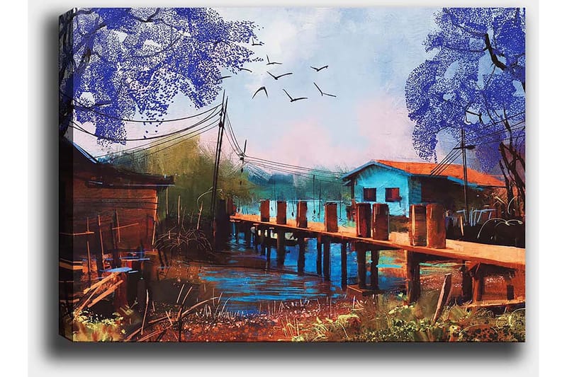 Canvas taulu 70x100 cm - Idyllinen maisemamaalaus, jossa laituri ulottuu tyynen veden pinnan yli, värikkäiden talojen ja violetin sävyisten puiden ympäröimänä - Violetti / Sininen / Ruskea - Sisustustuotteet - Taulu & taide - Canvas-taulu