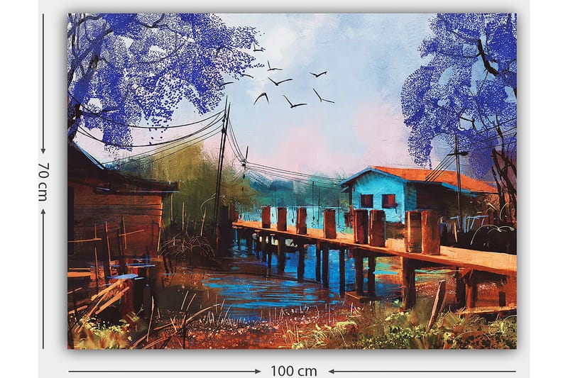 Canvas taulu 70x100 cm - Idyllinen maisemamaalaus, jossa laituri ulottuu tyynen veden pinnan yli, värikkäiden talojen ja violetin sävyisten puiden ympäröimänä - Violetti / Sininen / Ruskea - Sisustustuotteet - Taulu & taide - Canvas-taulu