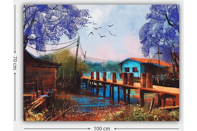 Canvas taulu 70x100 cm - Idyllinen maisemamaalaus, jossa laituri ulottuu tyynen veden pinnan yli, värikkäiden talojen ja violetin sävyisten puiden ympäröimänä - Violetti / Sininen / Ruskea - Sisustustuotteet - Taulu & taide - Canvas-taulu