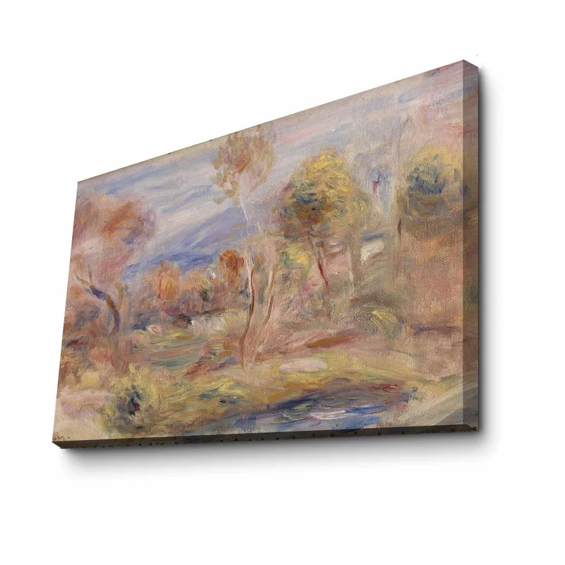 Canvas taulu 70x100 cm - Idyllinen maisemamaalaus, jossa puita ja peilimäinen järvi etualalla - Vaaleanvihreä / Beige / Vaaleansininen - Sisustustuotteet - Taulu & taide - Canvas-taulu