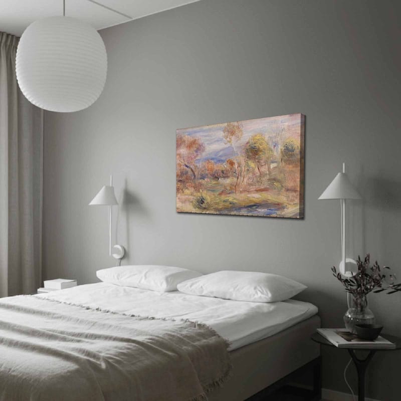 Canvas taulu 70x100 cm - Idyllinen maisemamaalaus, jossa puita ja peilimäinen järvi etualalla, Vaaleanvihreä / Beige / Vaaleansininen