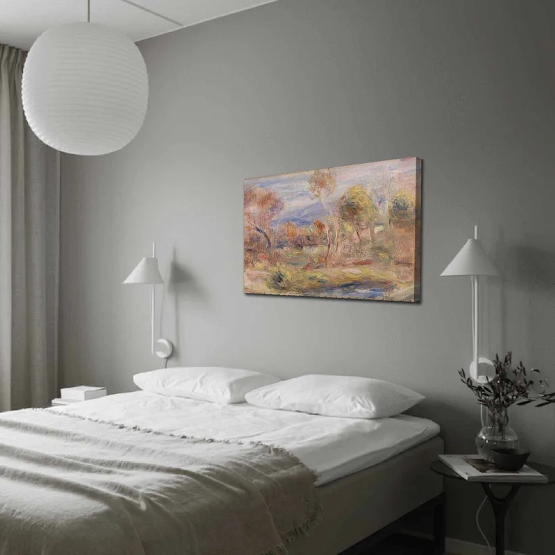 Canvas taulu 70x100 cm - Idyllinen maisemamaalaus, jossa puita ja peilimäinen järvi etualalla, Vaaleanvihreä / Beige / Vaaleansininen