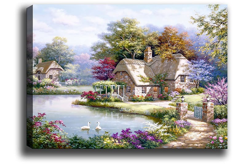 Canvas taulu 70x100 cm - Idyllinen maisemamaalaus viehättävistä mökeistä järven rannalla kukkivien puiden ja pensaiden ympäröimänä - Vihreä / Vaaleanpunainen / Sininen - Sisustustuotteet - Taulu & taide - Canvas-taulu