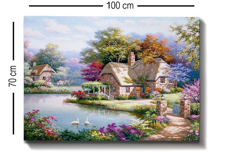 Canvas taulu 70x100 cm - Idyllinen maisemamaalaus viehättävistä mökeistä järven rannalla kukkivien puiden ja pensaiden ympäröimänä - Vihreä / Vaaleanpunainen / Sininen - Sisustustuotteet - Taulu & taide - Canvas-taulu