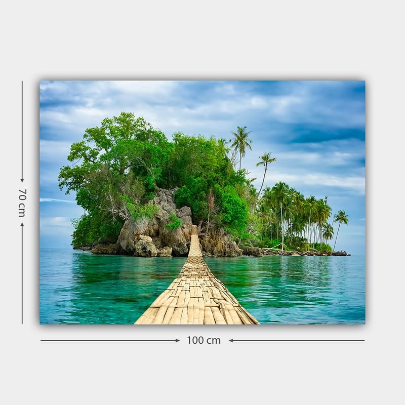 Canvas taulu 70x100 cm - Idyllinen saari rehevällä vehreydellä ja puisella sillalla, joka johtaa kirkkaan veden yli - Vihreä / Sininen / Ruskea - Sisustustuotteet - Taulu & taide - Canvas-taulu