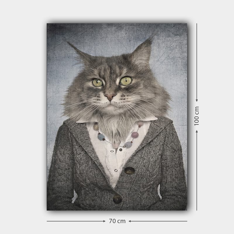 Canvas taulu 70x100 cm - Ihmisen piirteitä omaava kissa harmaassa takissa ja valkoisessa paidassa - Harmaa / Valkoinen / Beige - Sisustustuotteet - Taulu & taide - Canvas-taulu