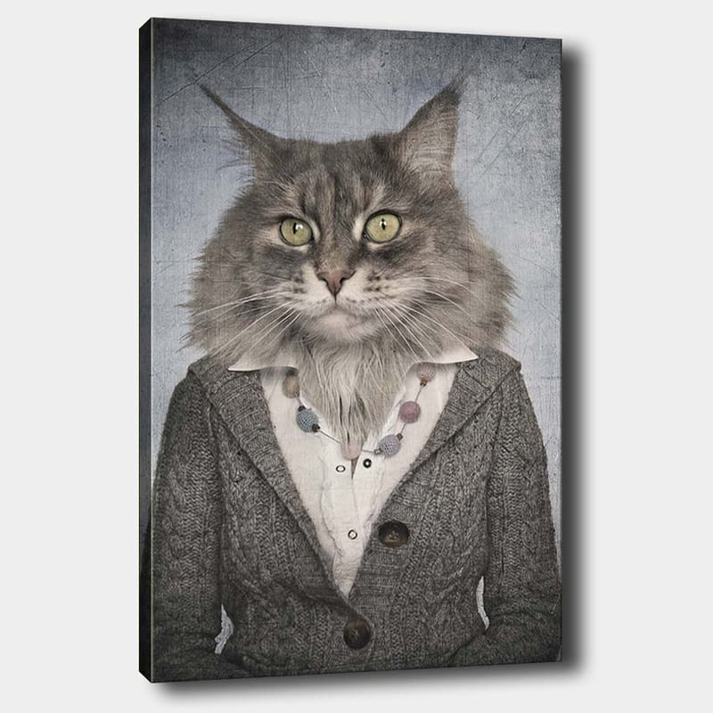 Canvas taulu 70x100 cm - Ihmisen piirteitä omaava kissa harmaassa takissa ja valkoisessa paidassa, Harmaa / Valkoinen / Beige