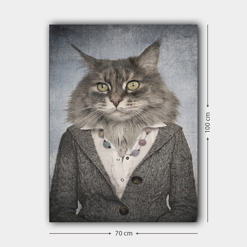 Canvas taulu 70x100 cm - Ihmisen piirteitä omaava kissa harmaassa takissa ja valkoisessa paidassa - Harmaa / Valkoinen / Beige - Sisustustuotteet - Taulu & taide - Canvas-taulu